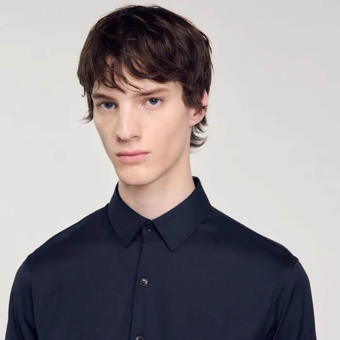Men Shirts SANDRO Fitted Stretch Cotton Shirt Navy Blue