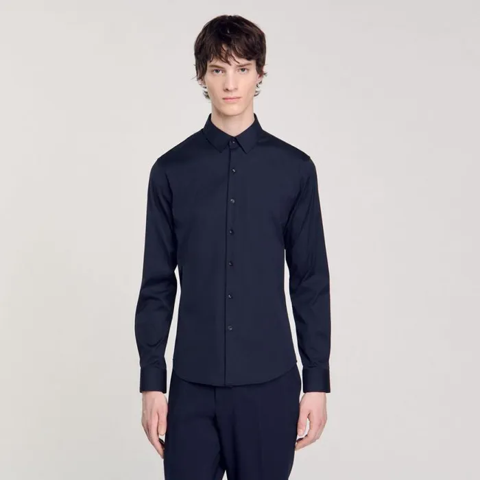 Men Shirts SANDRO Fitted Stretch Cotton Shirt Navy Blue