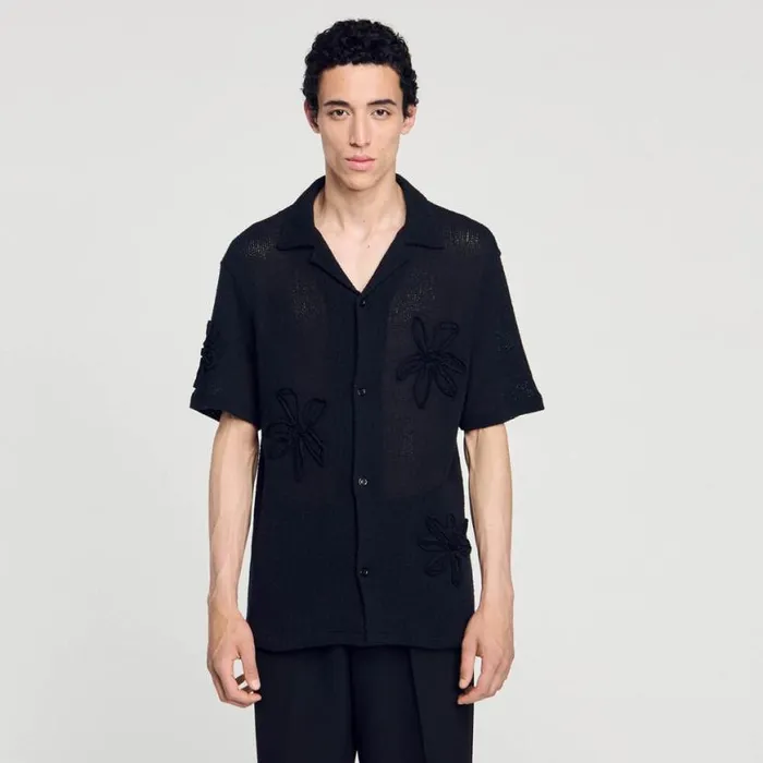 Men Shirts SANDRO Floral Knit Shirt Black