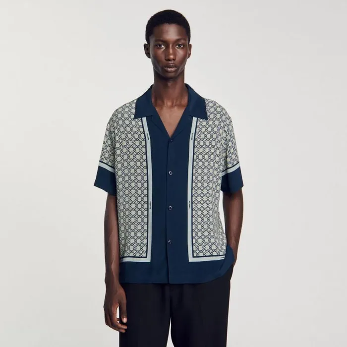 Men Shirts SANDRO Shortsleeved Patterned Shirt Dark Blue