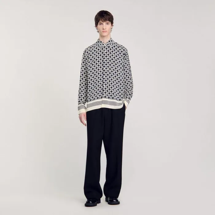 Men Shirts SANDRO Square Cross Motif Flowing Shirt Navy Blue