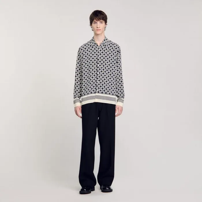 Men Shirts SANDRO Square Cross Motif Flowing Shirt Navy Blue