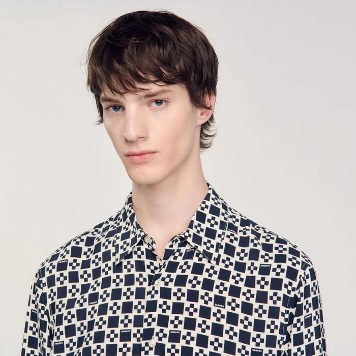Men Shirts SANDRO Square Cross Motif Flowing Shirt Navy Blue