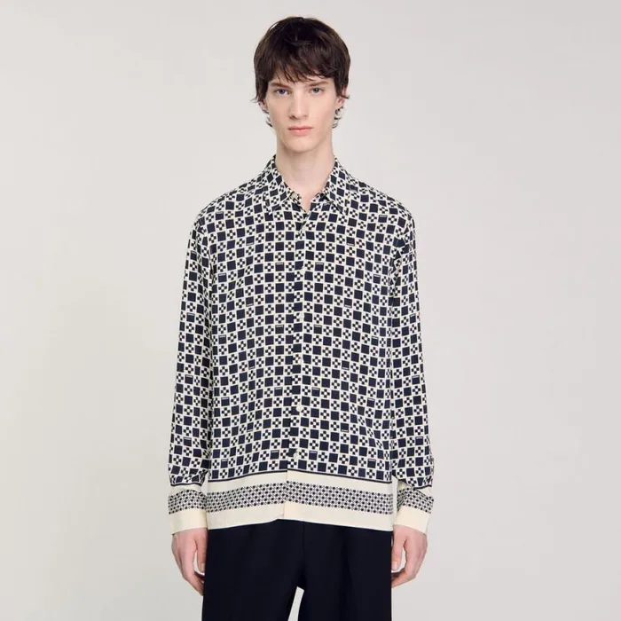Men Shirts SANDRO Square Cross Motif Flowing Shirt Navy Blue