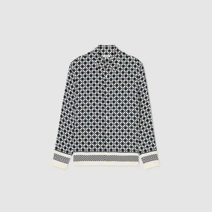 Men Shirts SANDRO Square Cross Motif Flowing Shirt Navy Blue