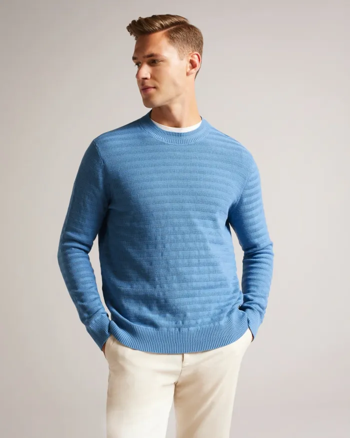 Men STAND 8211 Long Sleeve Jumper With Textured Stitch Sky Blue Ted Baker Jumpers and Knitwear Men STAND 8211 Long Sleeve Jumper With Textured Stitch Sky Blue Ted Baker Jumpers and Knitwear