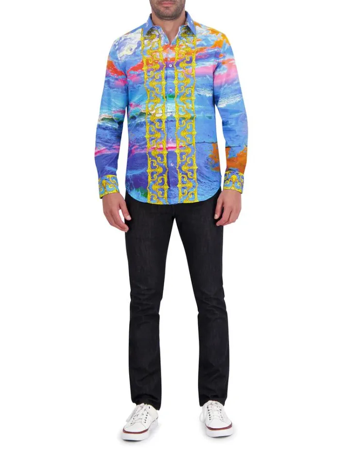 Men SUNSET AT SEA LONG SLEEVE BUTTON DOWN SHIRT Blue Robert Graham Button Down Shirts