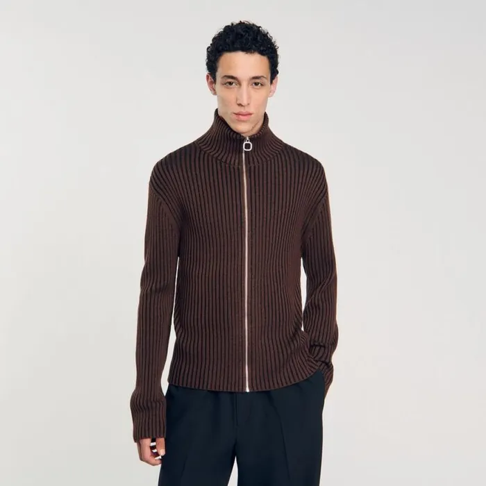 Men Sweaters and Cardigans SANDRO Ribbed Cardigan Light Brown Men Sweaters and Cardigans SANDRO Ribbed Cardigan Light Brown