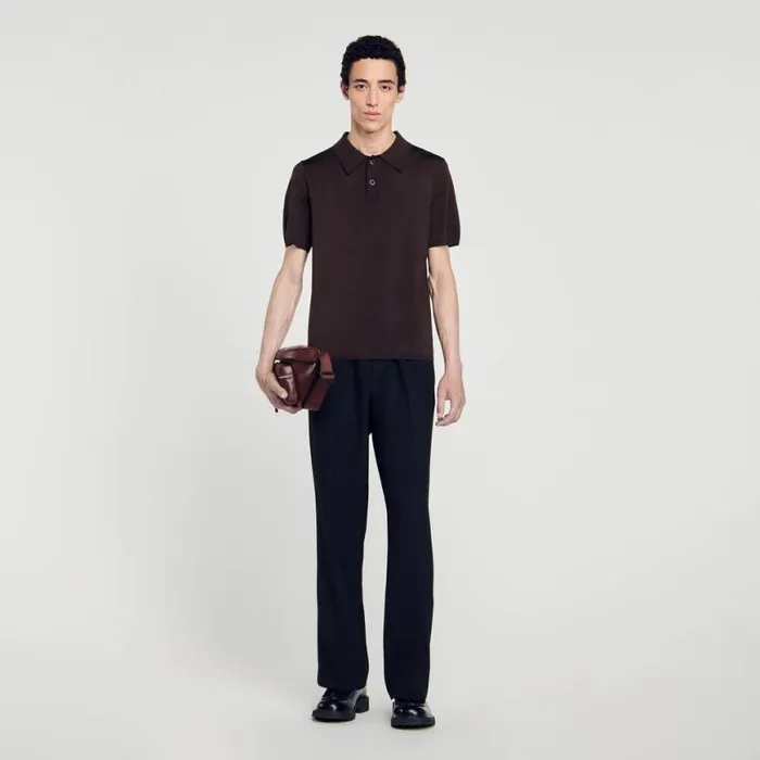 Men Sweaters and Cardigans SANDRO Shortsleeve Knitted Polo Shirt Coffee