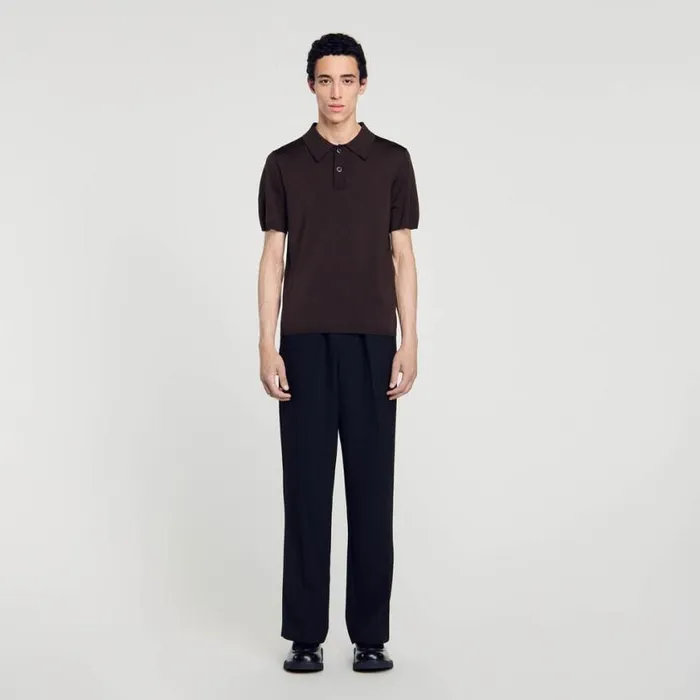 Men Sweaters and Cardigans SANDRO Shortsleeve Knitted Polo Shirt Coffee