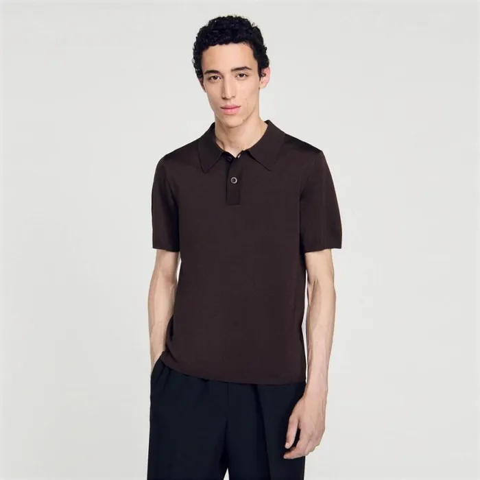 Men Sweaters and Cardigans SANDRO Shortsleeve Knitted Polo Shirt Coffee