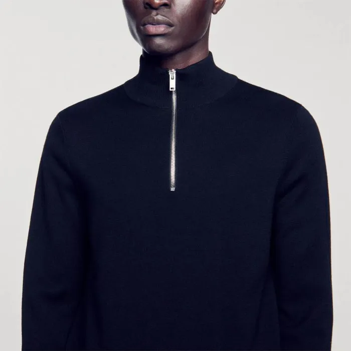 Men Sweaters and Cardigans SANDRO Wool Sweater With Zipped Collar Carbon Black
