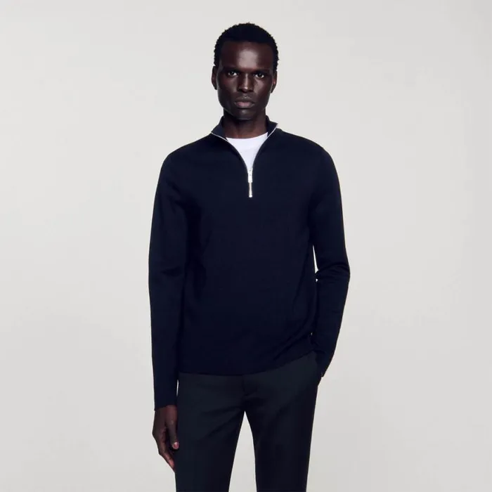Men Sweaters and Cardigans SANDRO Wool Sweater With Zipped Collar Carbon Black