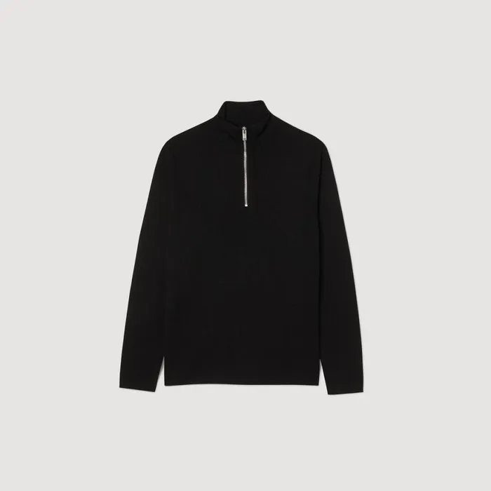 Men Sweaters and Cardigans SANDRO Wool Sweater With Zipped Collar Carbon Black