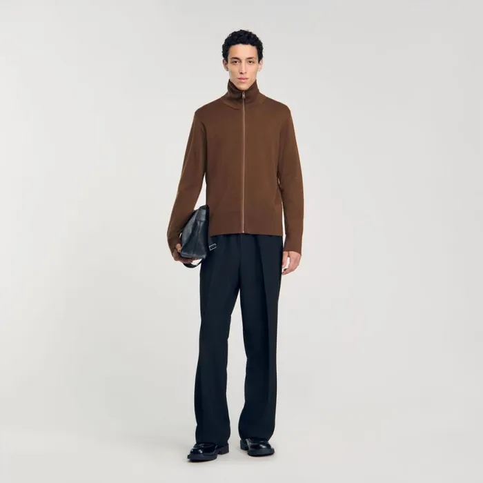Men Sweaters and Cardigans SANDRO Zipup Wool Cardigan Dark Caramel