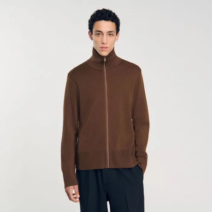 Men Sweaters and Cardigans SANDRO Zipup Wool Cardigan Dark Caramel