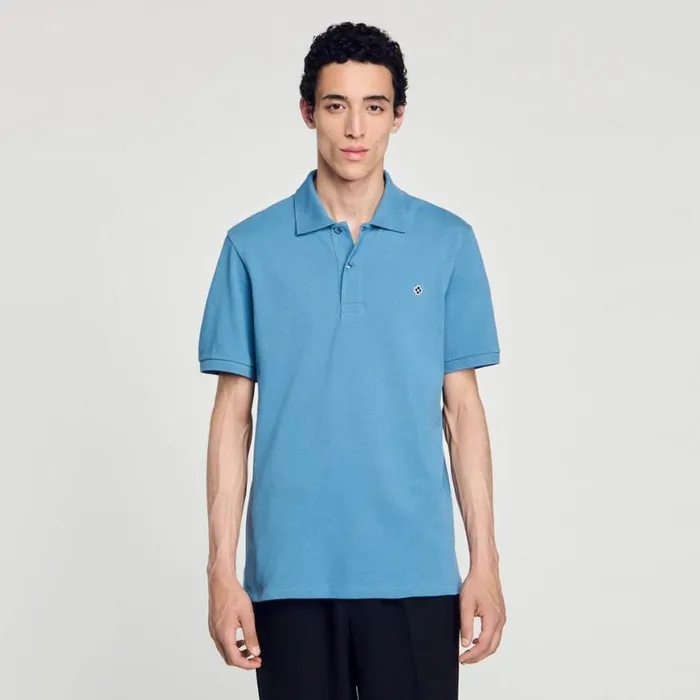 Men Tshirts and Polos SANDRO Polo Shirt With Square Cross Patch Blue Jean