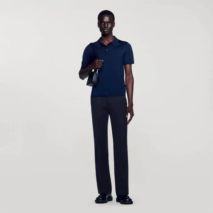 Men Tshirts and Polos SANDRO Shortsleeve Knitted Polo Shirt Navy Blue