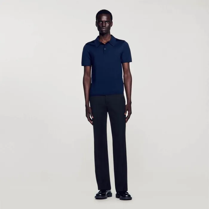 Men Tshirts and Polos SANDRO Shortsleeve Knitted Polo Shirt Navy Blue