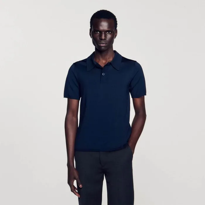 Men Tshirts and Polos SANDRO Shortsleeve Knitted Polo Shirt Navy Blue