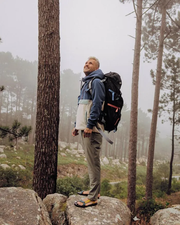 Men Tops Passenger Woodland Hooded 12 Zip Recycled Polar Fleece Dark DenimOatmeal Dark Denimoatmeal