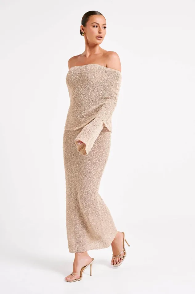 Meshki Basic Dresses Marisol Off Shoulder Boucle Maxi Dress 8211 Wheat Wheat 8211 Women