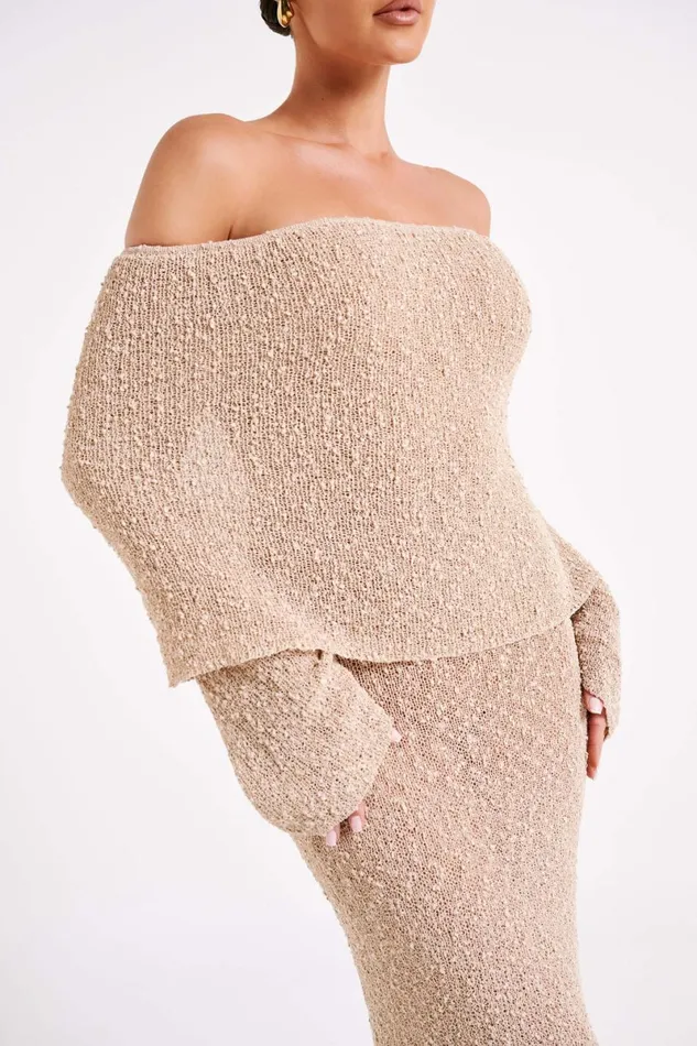 Meshki Basic Dresses Marisol Off Shoulder Boucle Maxi Dress 8211 Wheat Wheat 8211 Women