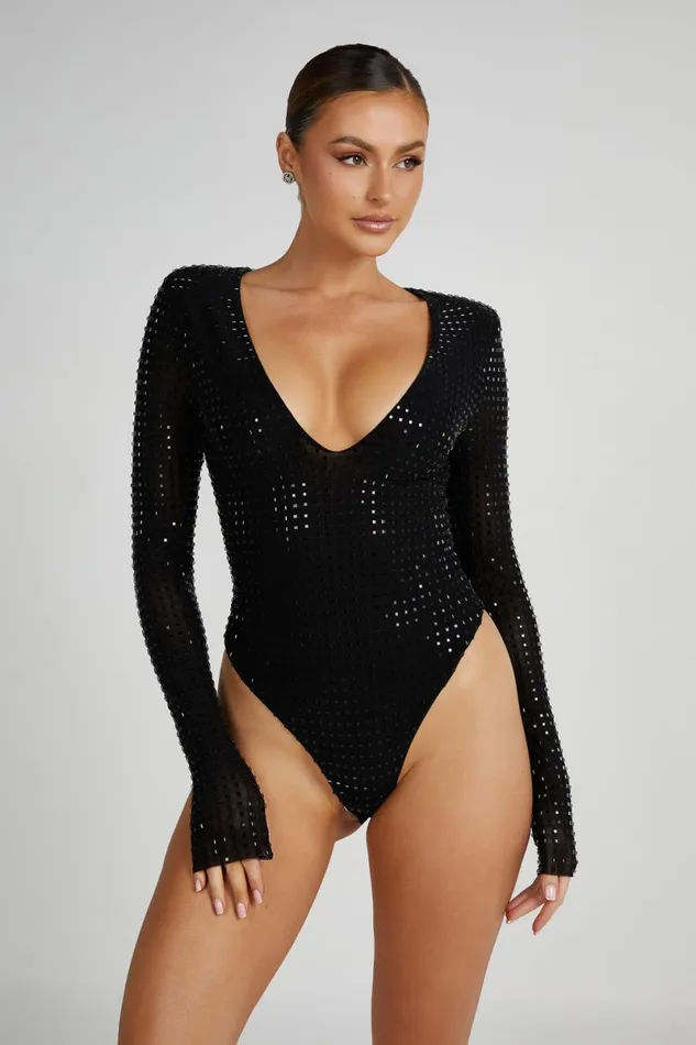 Meshki Bodysuits Keenan Square Diamante Bodysuit 8211 Black Black 8211 Women