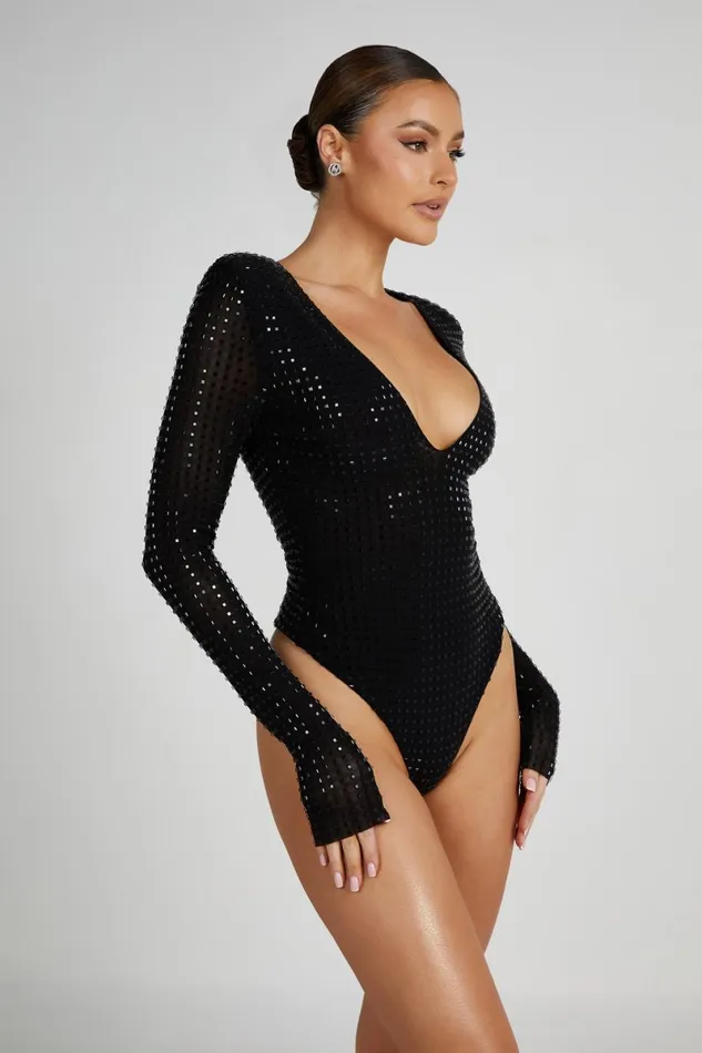 Meshki Bodysuits Keenan Square Diamante Bodysuit 8211 Black Black 8211 Women