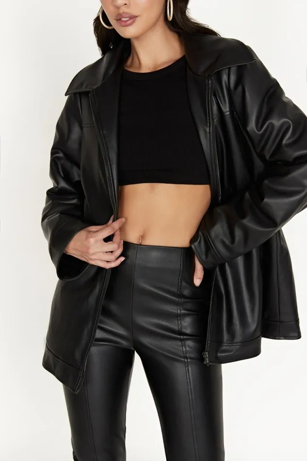 Meshki Coats and Jackets Savannah Faux Leather Aviator Jacket 8211 Black Black 8211 Women