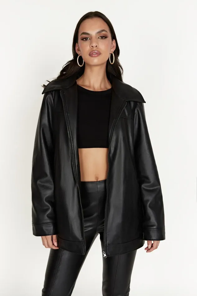 Meshki Coats and Jackets Savannah Faux Leather Aviator Jacket 8211 Black Black 8211 Women