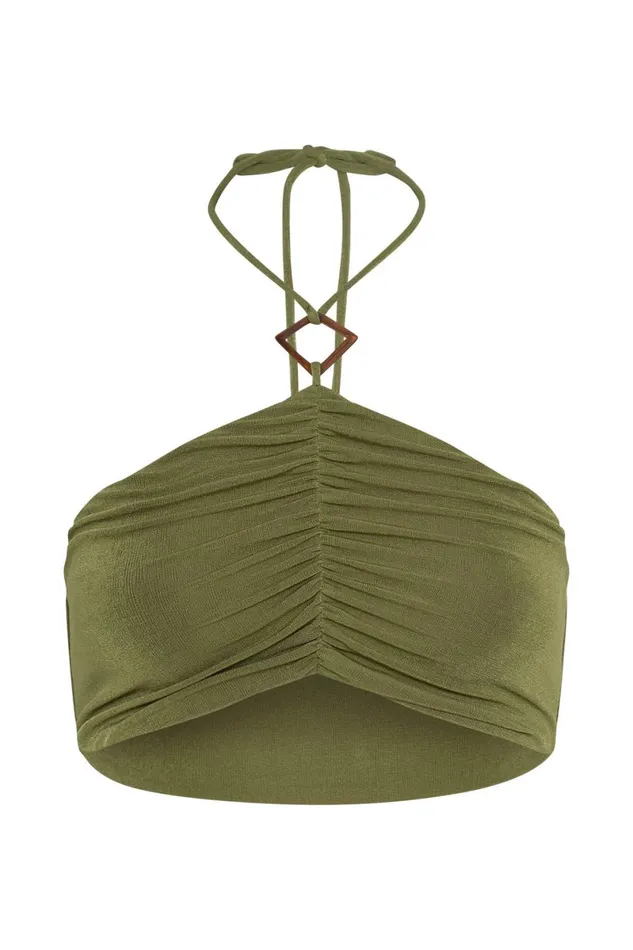 Meshki Crop Tops Alizeh Ruched Halter Crop Top 8211 Green Green 8211 Women Meshki Crop Tops Alizeh Ruched Halter Crop Top 8211 Green Green 8211 Women