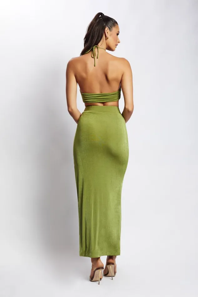 Meshki Crop Tops Alizeh Ruched Halter Crop Top 8211 Green Green 8211 Women Meshki Crop Tops Alizeh Ruched Halter Crop Top 8211 Green Green 8211 Women