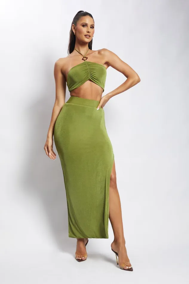 Meshki Crop Tops Alizeh Ruched Halter Crop Top 8211 Green Green 8211 Women Meshki Crop Tops Alizeh Ruched Halter Crop Top 8211 Green Green 8211 Women