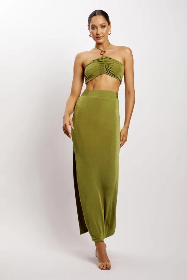 Meshki Crop Tops Alizeh Ruched Halter Crop Top 8211 Green Green 8211 Women Meshki Crop Tops Alizeh Ruched Halter Crop Top 8211 Green Green 8211 Women