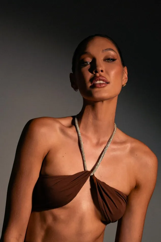 Meshki Crop Tops Lea Diamante Chain Halter Neck Crop Top 8211 Chocolate Chocolate 8211 Women Meshki Crop Tops Lea Diamante Chain Halter Neck Crop Top 8211 Chocolate Chocolate 8211 Women
