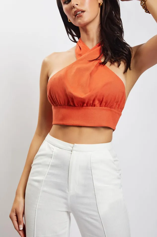 Meshki Crop Tops Piper Halter Neck Linen Crop Top 8211 Terracotta Terracotta 8211 Women Meshki Crop Tops Piper Halter Neck Linen Crop Top 8211 Terracotta Terracotta 8211 Women