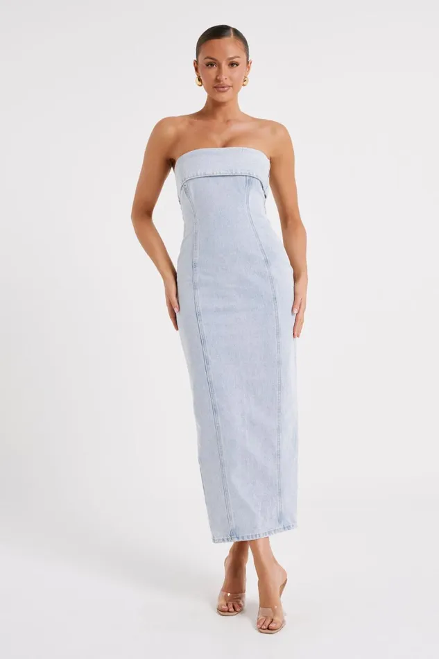Meshki Denim Katherine Strapless Denim Midi Dress 8211 Light Blue Lightblue 8211 Women