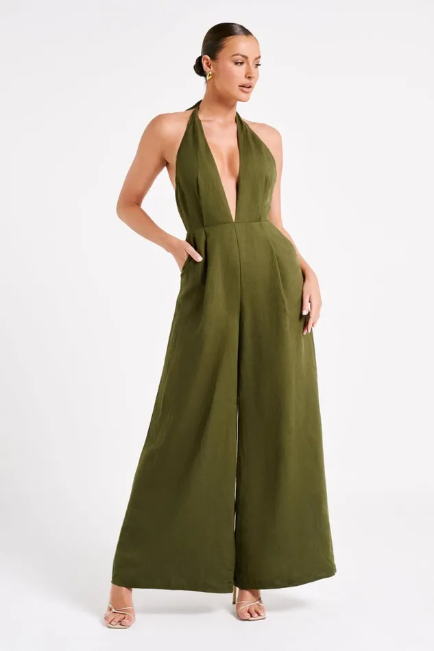 Meshki Jumpsuits and Rompers Blanca Linen Halter Jumpsuit 8211 Khaki Khaki 8211 Women