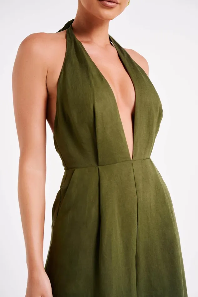 Meshki Jumpsuits and Rompers Blanca Linen Halter Jumpsuit 8211 Khaki Khaki 8211 Women Meshki Jumpsuits and Rompers Blanca Linen Halter Jumpsuit 8211 Khaki Khaki 8211 Women