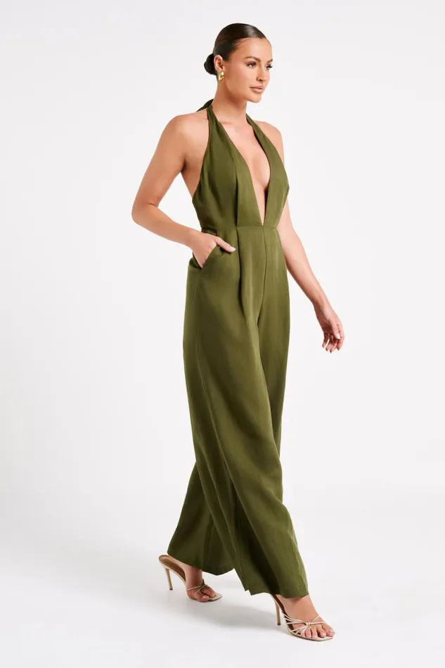 Meshki Jumpsuits and Rompers Blanca Linen Halter Jumpsuit 8211 Khaki Khaki 8211 Women Meshki Jumpsuits and Rompers Blanca Linen Halter Jumpsuit 8211 Khaki Khaki 8211 Women