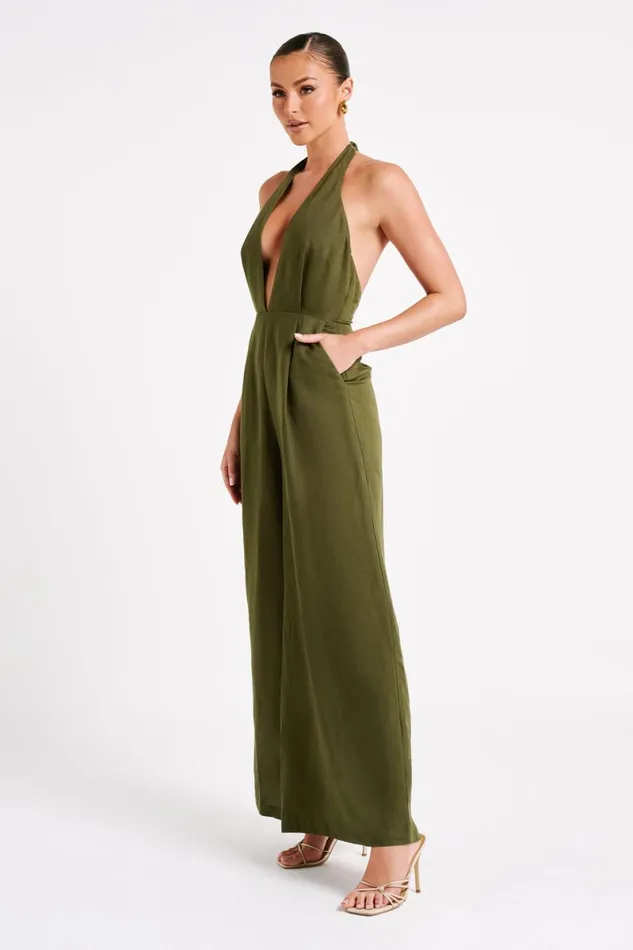 Meshki Jumpsuits and Rompers Blanca Linen Halter Jumpsuit 8211 Khaki Khaki 8211 Women Meshki Jumpsuits and Rompers Blanca Linen Halter Jumpsuit 8211 Khaki Khaki 8211 Women