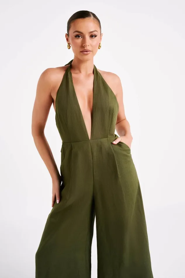 Meshki Jumpsuits and Rompers Blanca Linen Halter Jumpsuit 8211 Khaki Khaki 8211 Women Meshki Jumpsuits and Rompers Blanca Linen Halter Jumpsuit 8211 Khaki Khaki 8211 Women