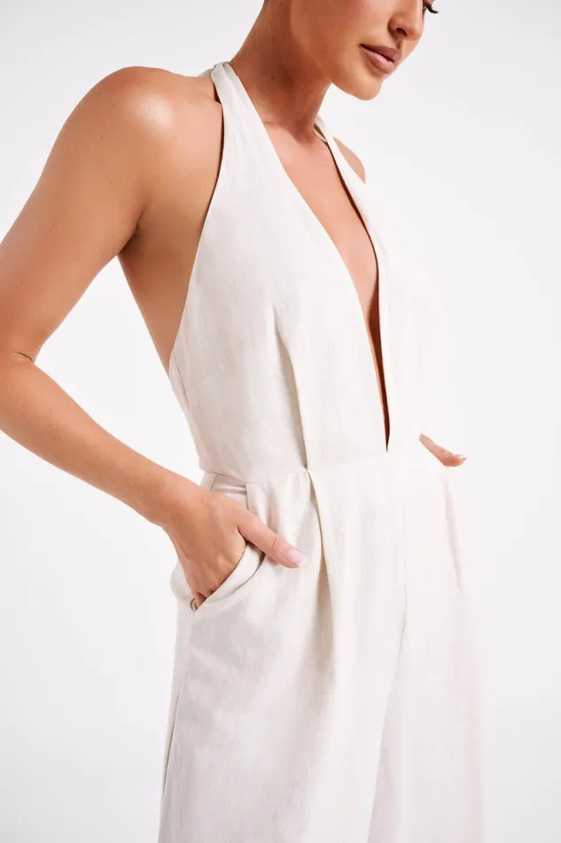 Meshki Jumpsuits and Rompers Blanca Linen Halter Jumpsuit 8211 Natural Natural 8211 Women Meshki Jumpsuits and Rompers Blanca Linen Halter Jumpsuit 8211 Natural Natural 8211 Women