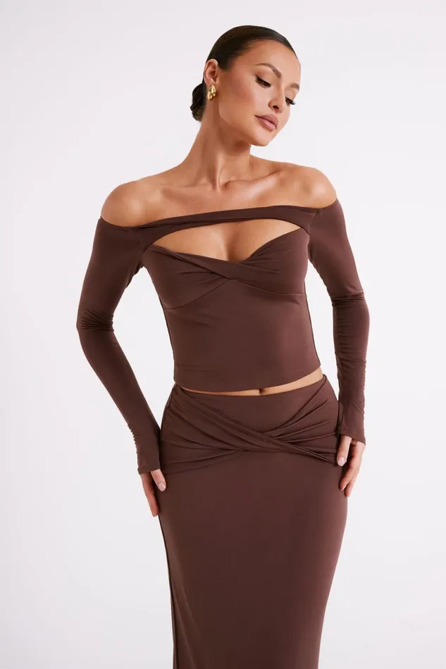 Meshki Long Sleeve Tops Ceri Off Shoulder Long Sleeve Top 8211 Mocha Mocha 8211 Women