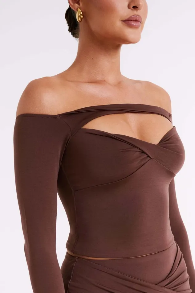 Meshki Long Sleeve Tops Ceri Off Shoulder Long Sleeve Top 8211 Mocha Mocha 8211 Women