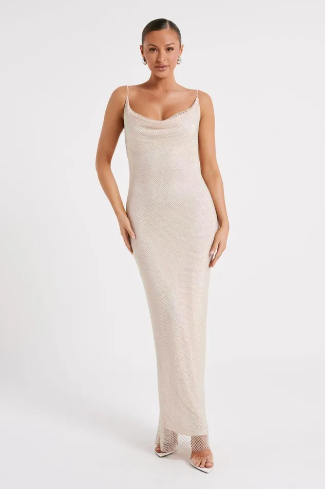 Meshki Maxi Dresses Madelaine Diamante Mesh Cowl Maxi Dress 8211 Cream Cream 8211 Women
