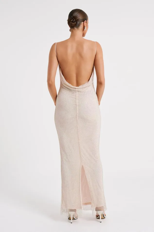 Meshki Maxi Dresses Madelaine Diamante Mesh Cowl Maxi Dress 8211 Cream Cream 8211 Women