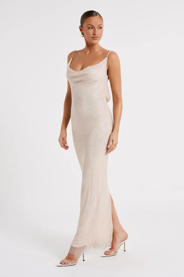 Meshki Maxi Dresses Madelaine Diamante Mesh Cowl Maxi Dress 8211 Cream Cream 8211 Women