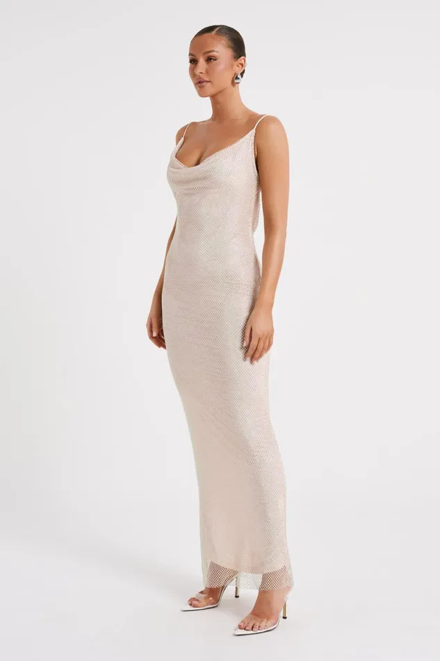 Meshki Maxi Dresses Madelaine Diamante Mesh Cowl Maxi Dress 8211 Cream Cream 8211 Women